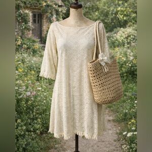 Delfina Elegant Off White / Cream Lace Swim Cover Up Fringe Dress